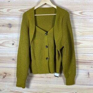 NWT ANEWSTA Sweater Womens XL Green‎ Henley Ribbed Chunky Knit Academia Twee